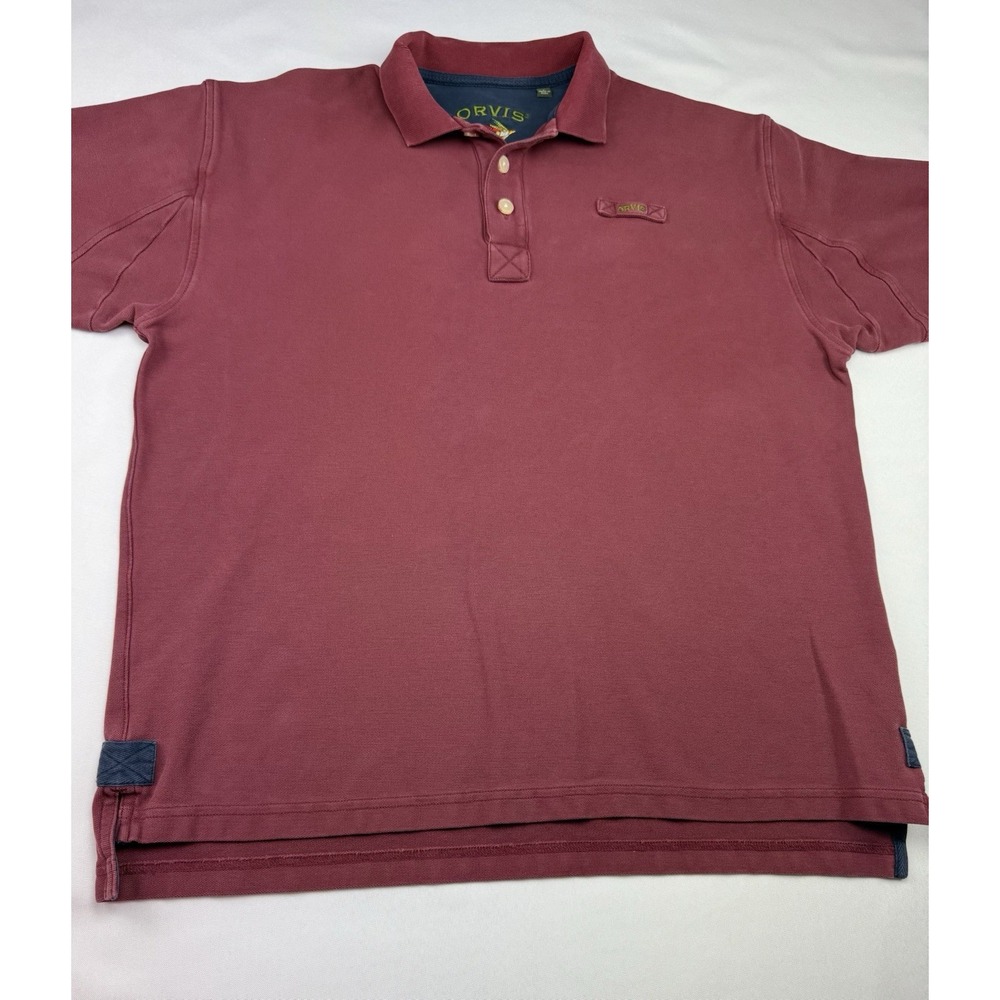 Orvis Mens Long Sleeve Polo Shirt‎ Burgundy Rugby Heavy Cotton Size L